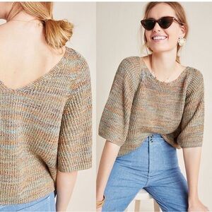 Anthropologie Space Dyed Knit Pullover Sweater Size L Blue Green Plunge Back EUC